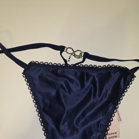 Victoria's Secret Other - Victoria's Secret XS Navy Satin Lace Trim V-String Thong Panty Rhinestone